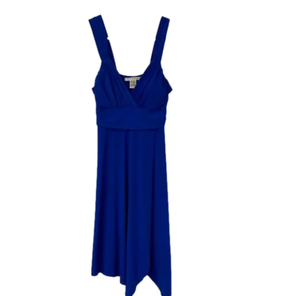 LaBelle Medi Dress Royal Blue V-Neck Midi Dress Handkerchief Hem M Y2K